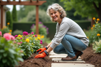 Femme souriante plantant des arbustes dans un jardin résidentiel