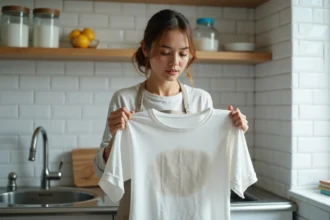 Femme examinant une chemise blanche grisée au-dessus d'un évier avec des produits naturels comme le bicarbonate et le vinaigre blanc