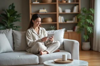 Femme assise sur un canapé avec un appareil connecté