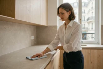 Femme de ménage professionnelle nettoyant un plan de travail dans une cuisine moderne à Saint-Étienne