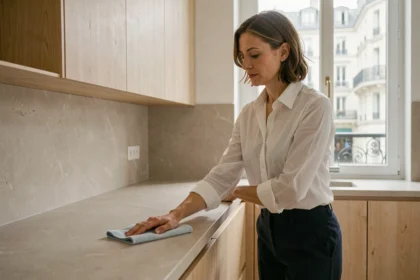 Femme de ménage professionnelle nettoyant un plan de travail dans une cuisine moderne à Saint-Étienne