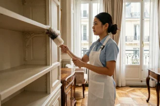 Femme de ménage philippine en uniforme bleu travaillant dans un appartement haussmannien parisien