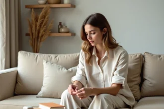 Femme en linen calme dans un salon minimaliste