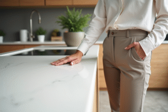 Femme élégante dans une cuisine moderne avec plan de travail en quartz