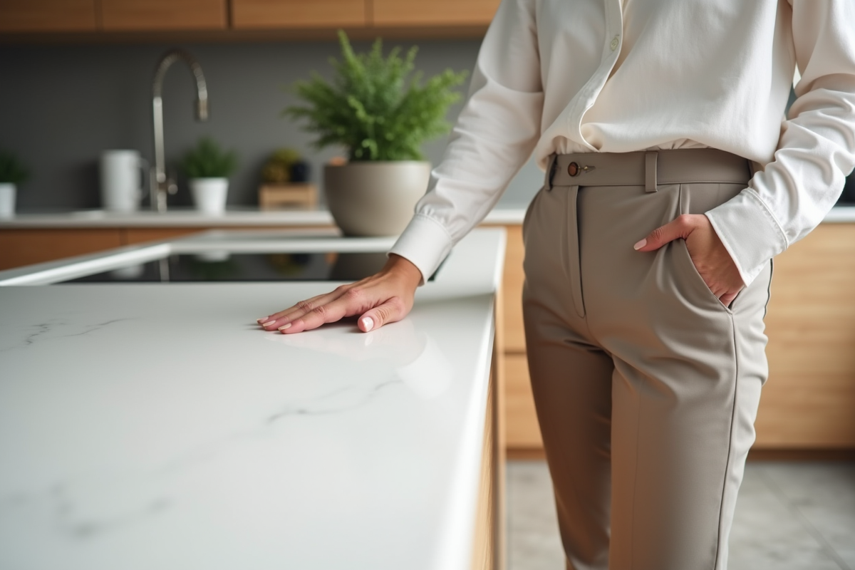 Femme élégante dans une cuisine moderne avec plan de travail en quartz