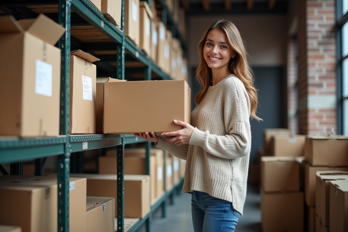Jeune femme rangeant une boîte en carton dans un espace de stockage lumineux