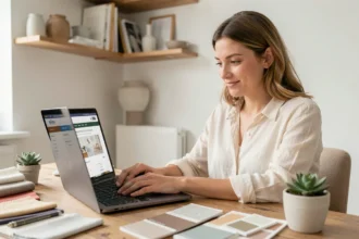 Femme utilisant un outil de budget déco en ligne sur ordinateur portable dans un bureau à domicile style scandinave