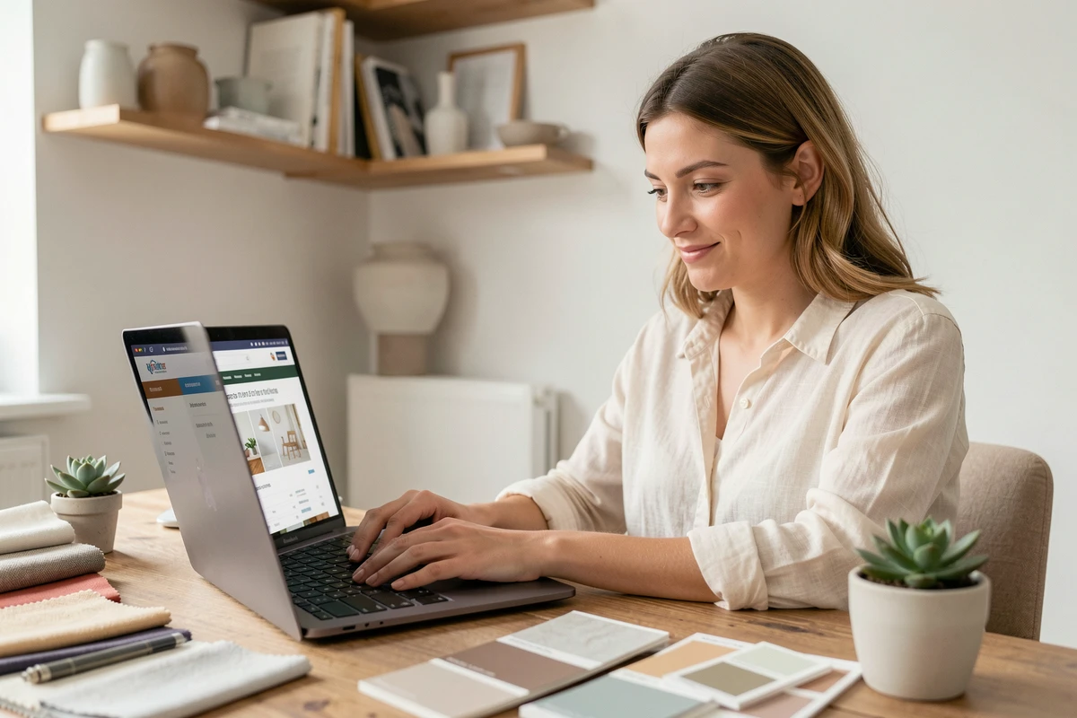 Femme utilisant un outil de budget déco en ligne sur ordinateur portable dans un bureau à domicile style scandinave