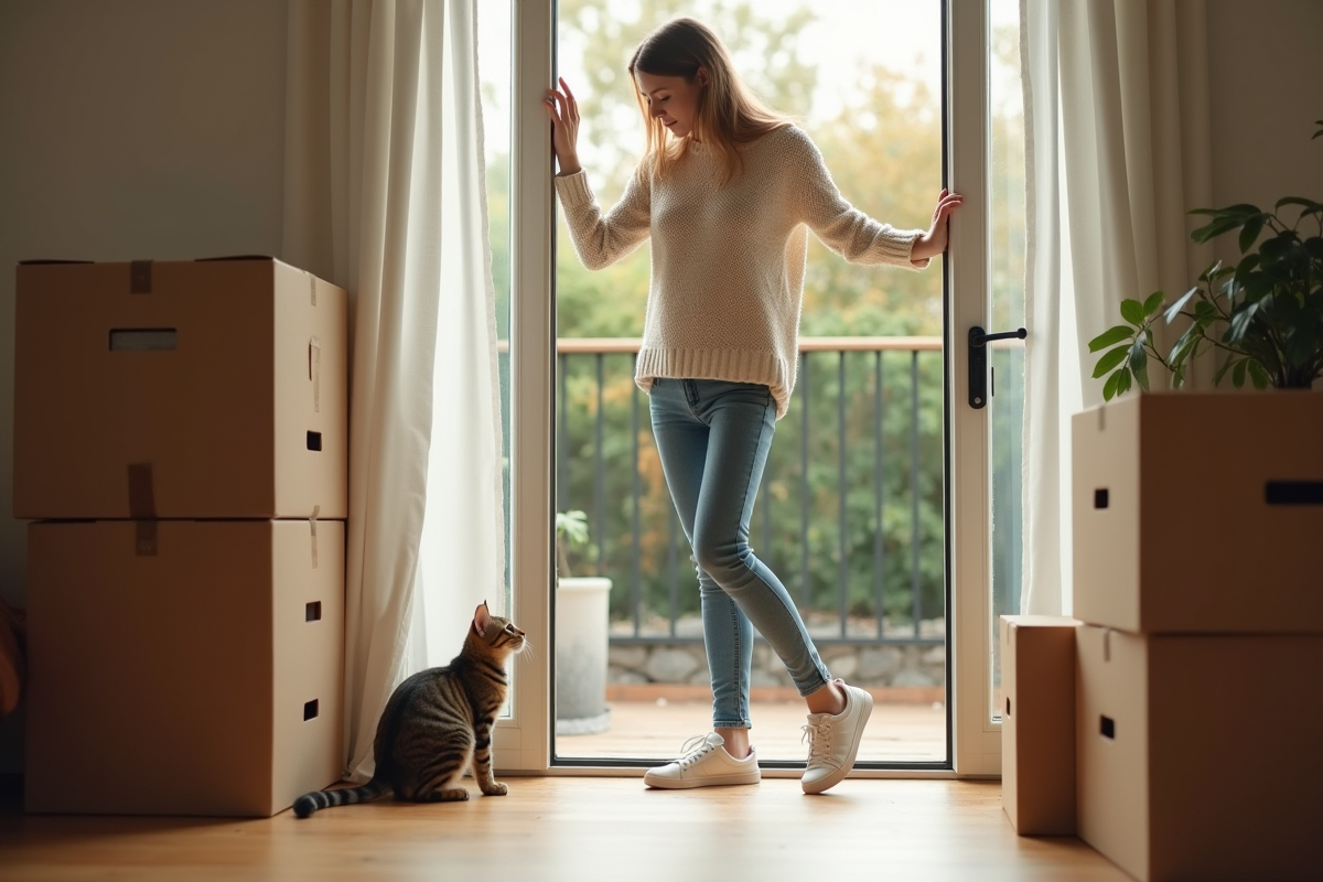 Jeune femme ouvre la porte vitrée vers le jardin avec un chat attentif