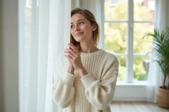 Femme ouvrant des rideaux légers dans un intérieur scandinave
