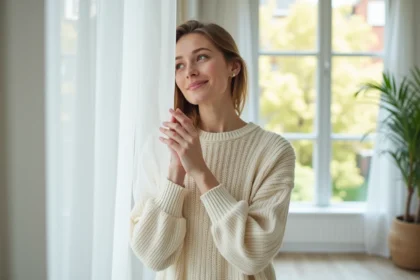 Femme ouvrant des rideaux légers dans un intérieur scandinave