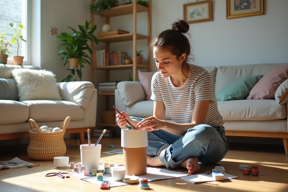 Femme en jeans et chemise peignant un pot de fleurs