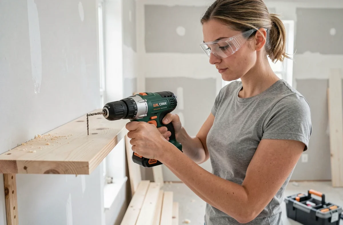 Femme en train de percer une étagère en pin avec une visseuse compacte dans un salon en cours de rénovation