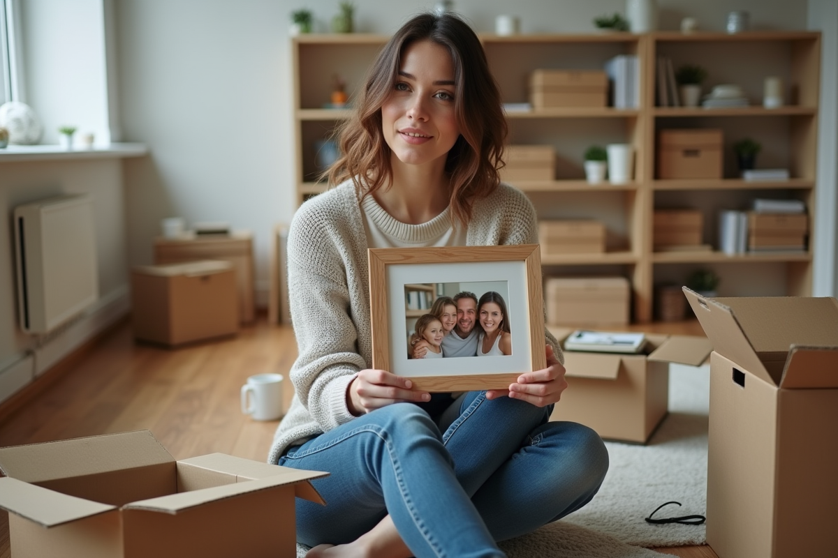 Femme assise avec photo de famille dans un salon en transition