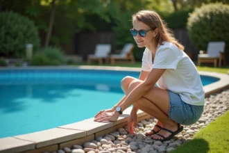 Femme examinant des pierres décoratives autour d'une piscine