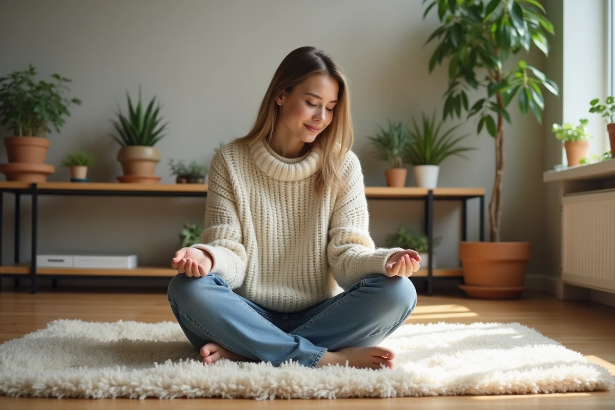 Jeune femme dans un salon minimaliste arrangeant des plantes
