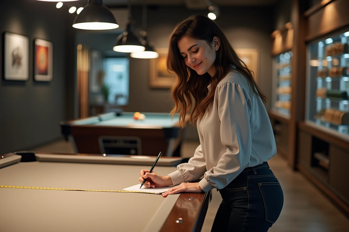 Femme notant des mesures sur une table de billard moderne