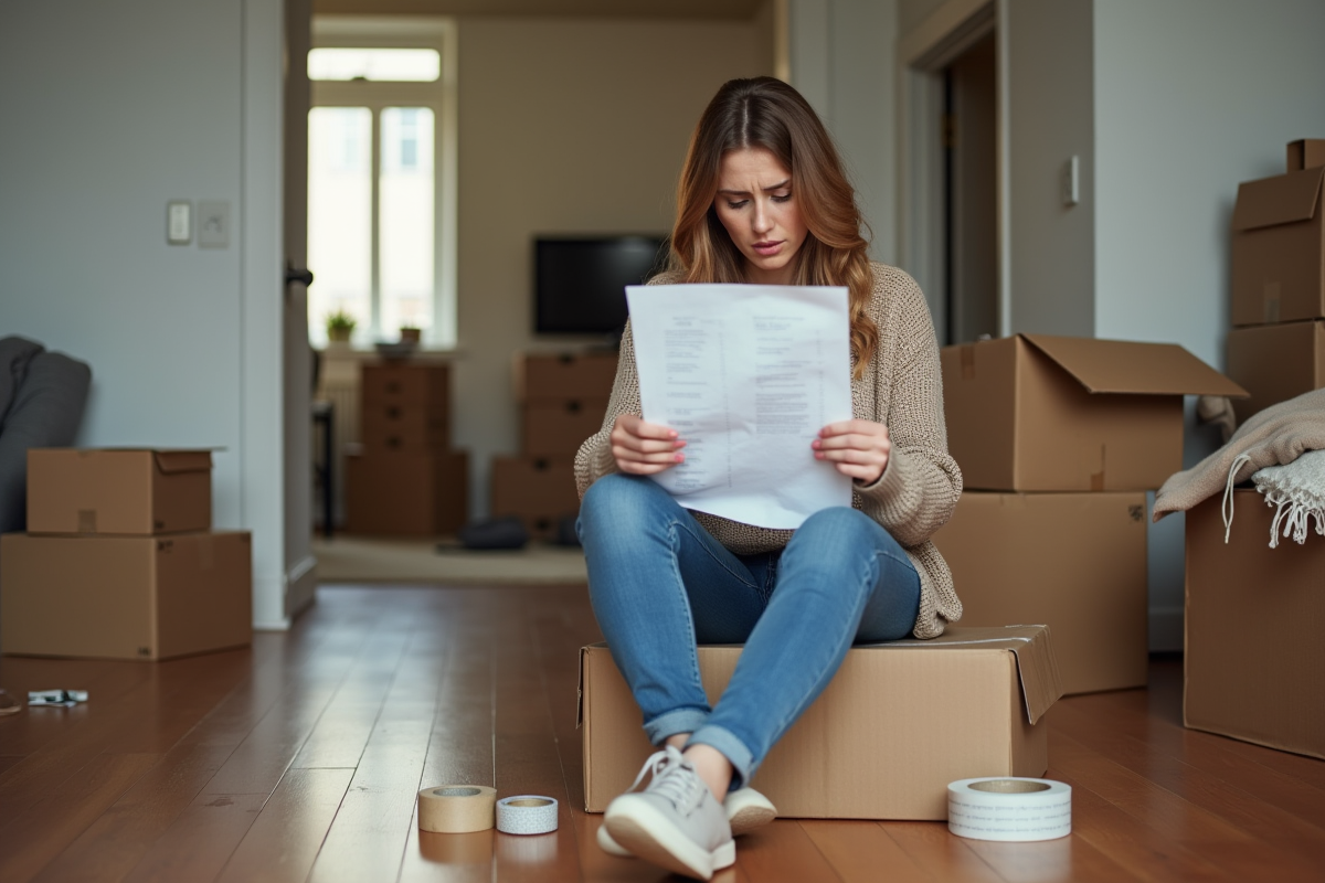Femme avec liste de déménagement dans un salon encombré