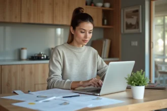 Femme concentrée sur ses dépenses de rénovation dans la cuisine