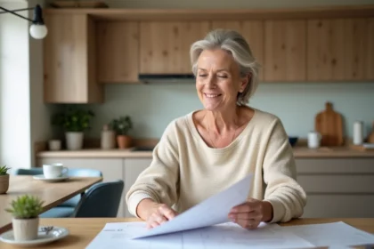 Femme détendue regardant ses plans de rénovation dans la cuisine
