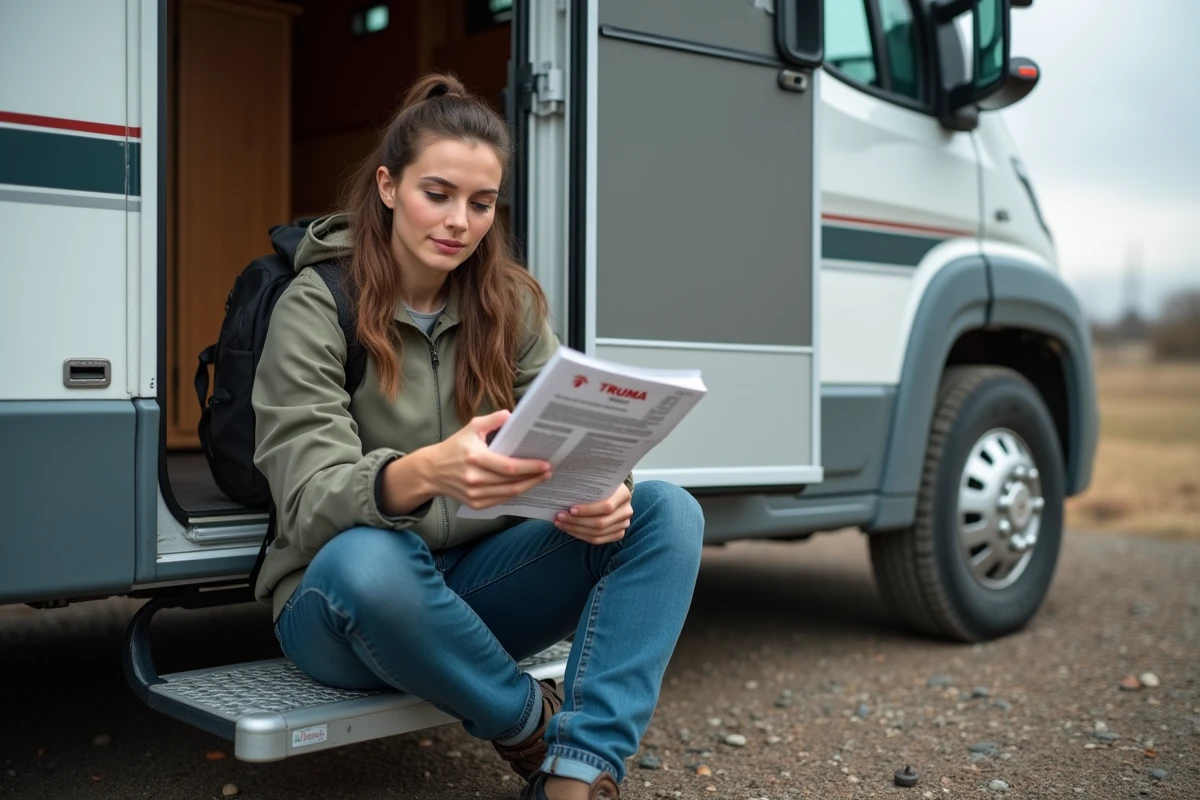 Jeune femme avec manuel de diagnostic à côté du camping-car