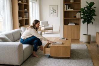 Jeune femme assise sur un canapé moderne dans un salon lumineux