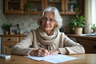 Femme signant une attestation de domicile dans une cuisine chaleureuse