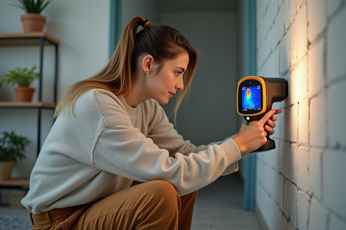 Jeune femme utilisant caméra thermique sur mur intérieur