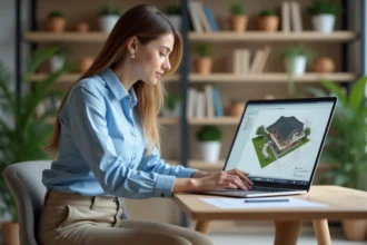 Jeune femme utilisant logiciel 3D architecture dans un bureau moderne