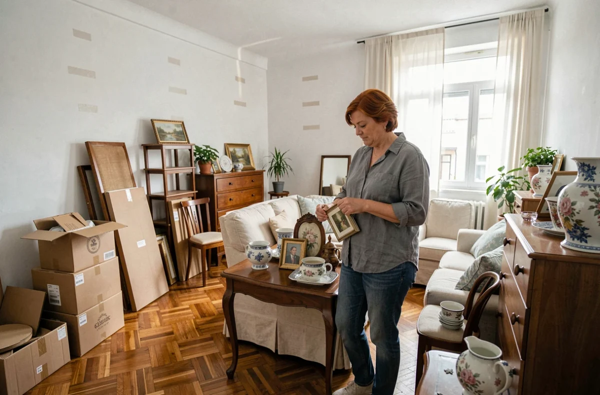 Femme organisant des objets triés dans un appartement en cours de débarras avant revente