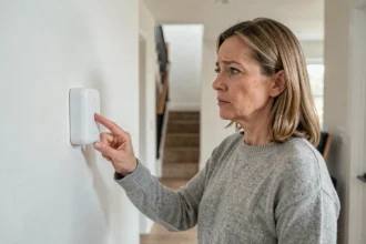 Femme vérifiant un détecteur de sécurité Angeleye fixé au mur dans un couloir de maison moderne après une alarme intempestive