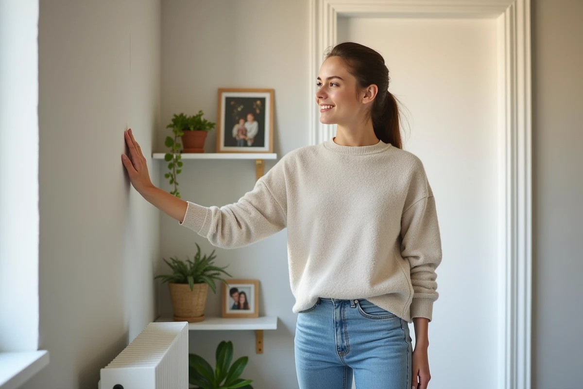 Jeune femme inspectant un mur isolé avec sourire chaleureux