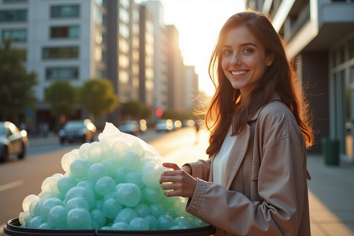 Jeune femme souriante collecte des bulles de plastique dans une ville ensoleillée