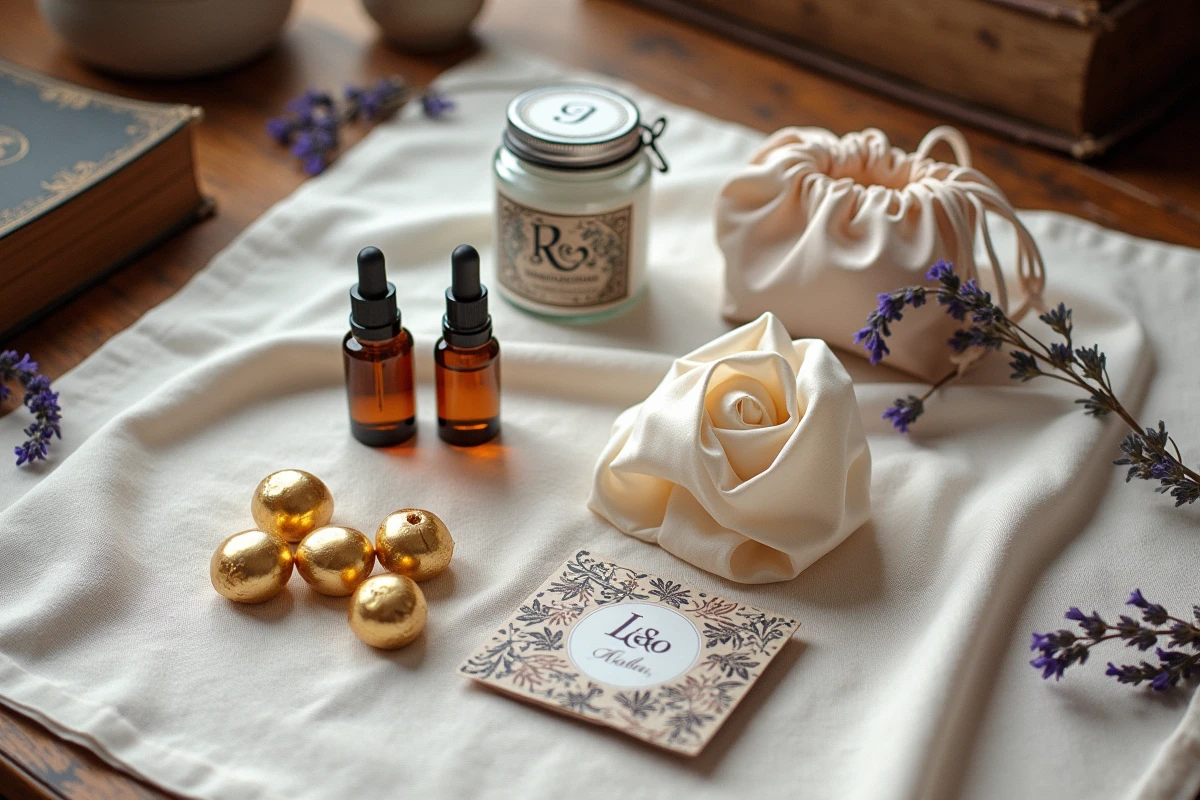 Flat lay des produits reçus dans la Box Que J'adore Paris disposés élégamment sur une table en bois vintage