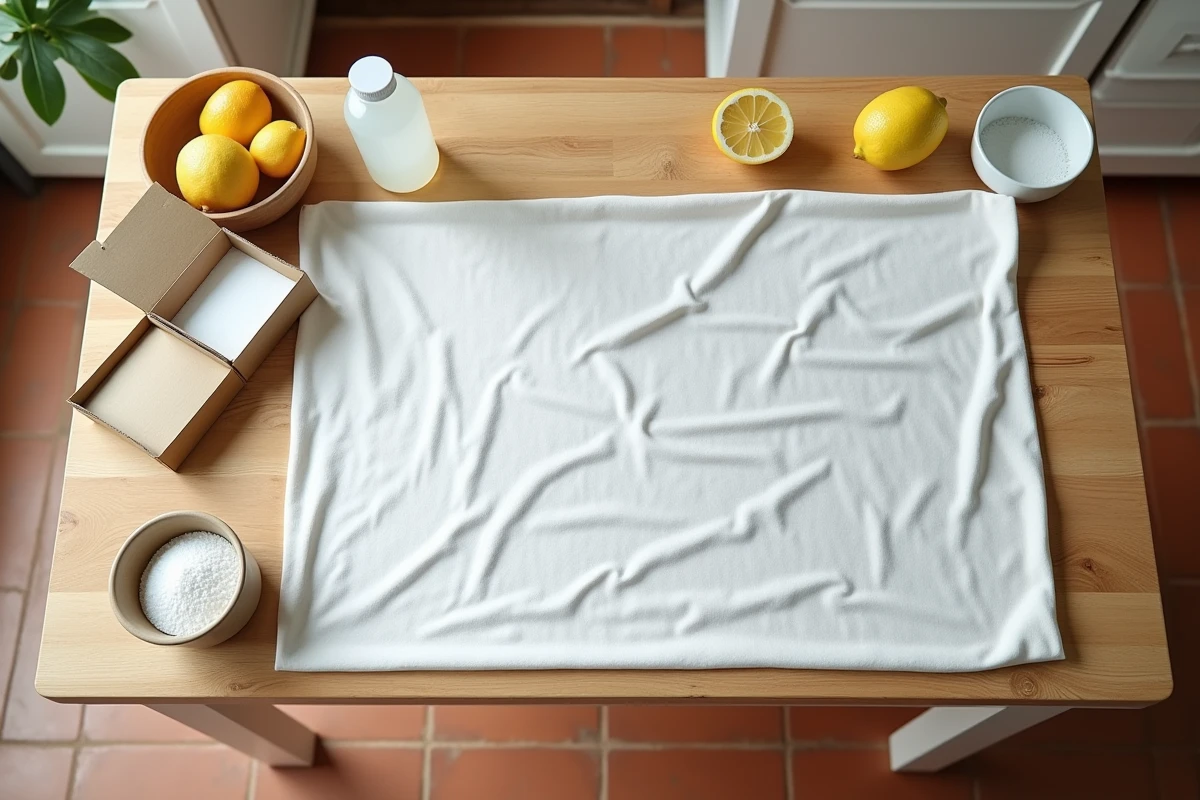 Vue de dessus d'un drap blanc grisé entouré de produits du placard pour le blanchiment naturel du linge