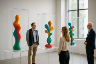 Intérieur d'une galerie d'art moderne avec sculptures colorées