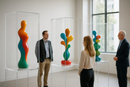 Intérieur d'une galerie d'art moderne avec sculptures colorées