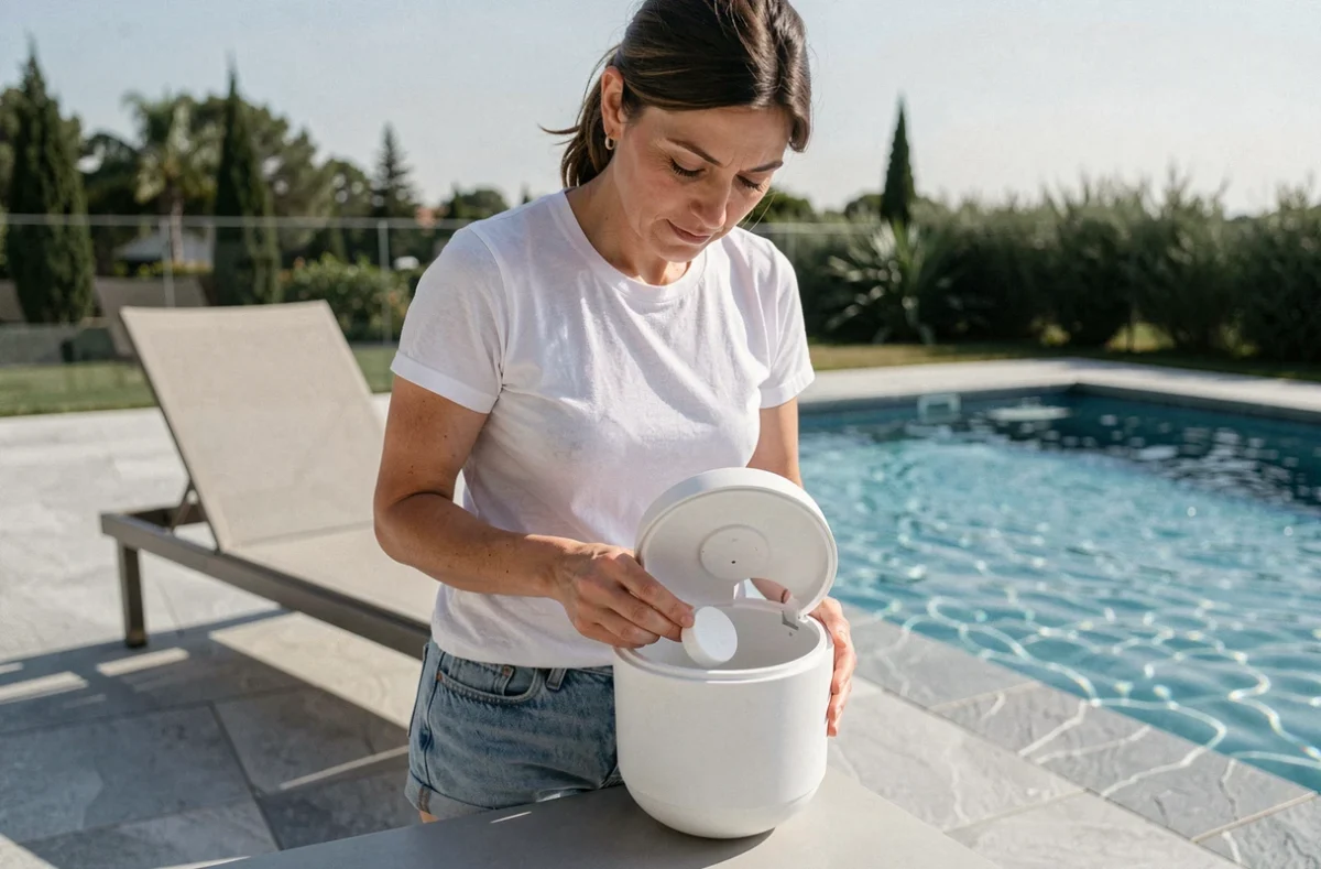 Femme introduisant un galet de chlore dans un diffuseur flottant pour piscine