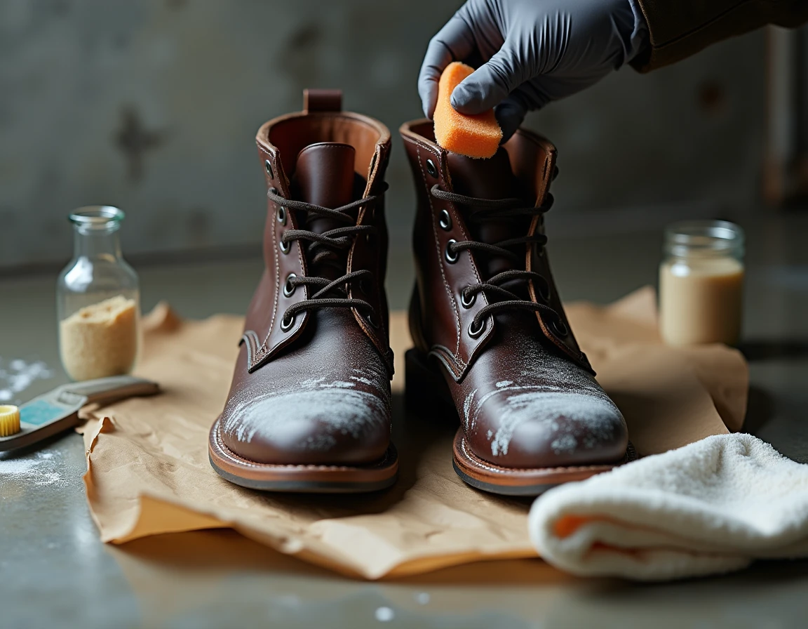 Gros plan sur des bottes en cuir moisies en cours de nettoyage avec une éponge et une solution naturelle