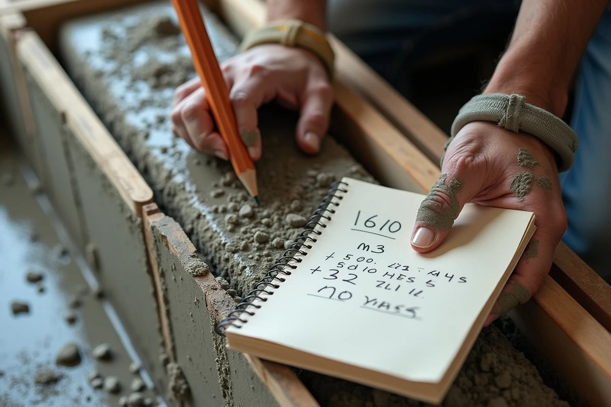 Gros plan des mains d'un ouvrier avec carnet de calcul m3 de béton et règle de mesure sur coffrage