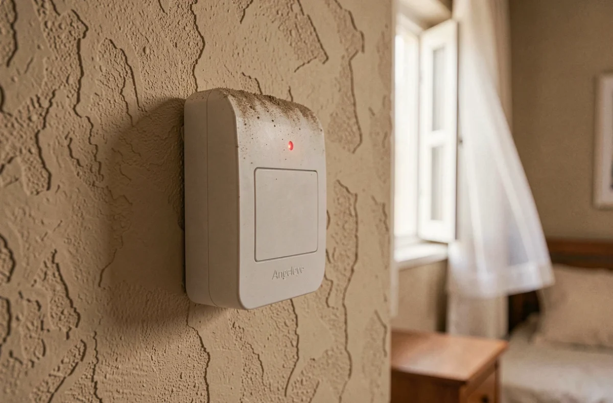 Gros plan d'un détecteur Angeleye fixé au mur avec une LED rouge clignotante et une fenêtre entrouverte pouvant causer une fausse alarme