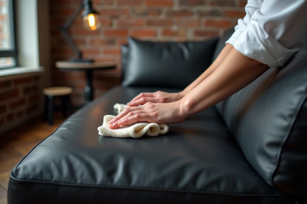 Gros plan des mains essuyant un canapé en cuir noir avec un chiffon chamois pour éliminer les traces de nettoyant