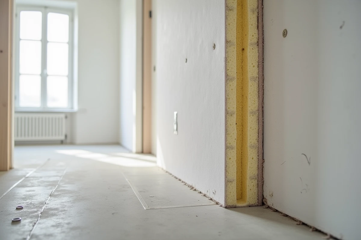 Gros plan sur la tranche d'un panneau de placo isolant épais révélant la structure en coupe sur un mur nord