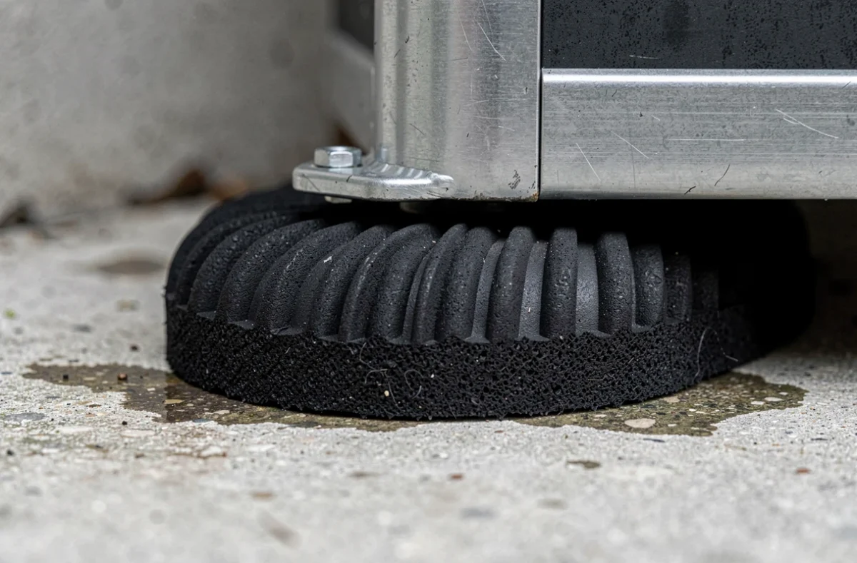 Gros plan sur un plot anti-vibration en néoprène sous le pied métallique d'une pompe à chaleur