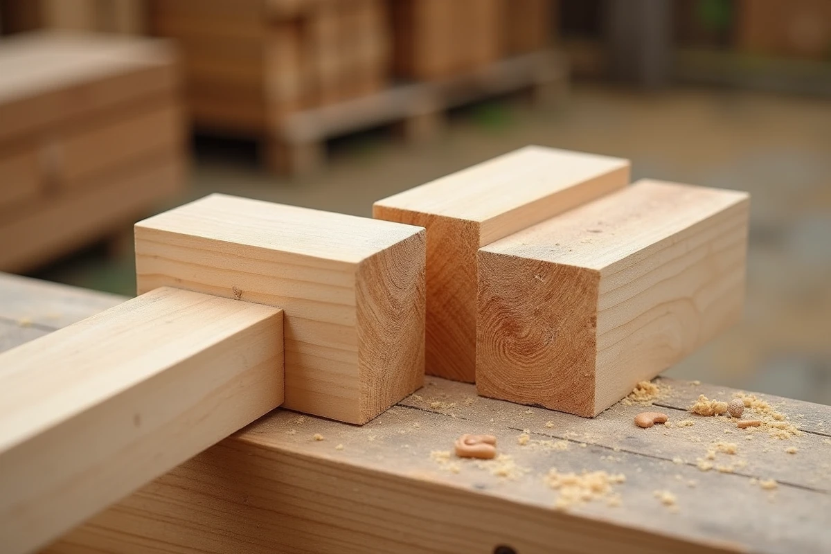 Gros plan d'un assemblage tenon et mortaise en bois d'épicéa pour charpente légère, partiellement démonté