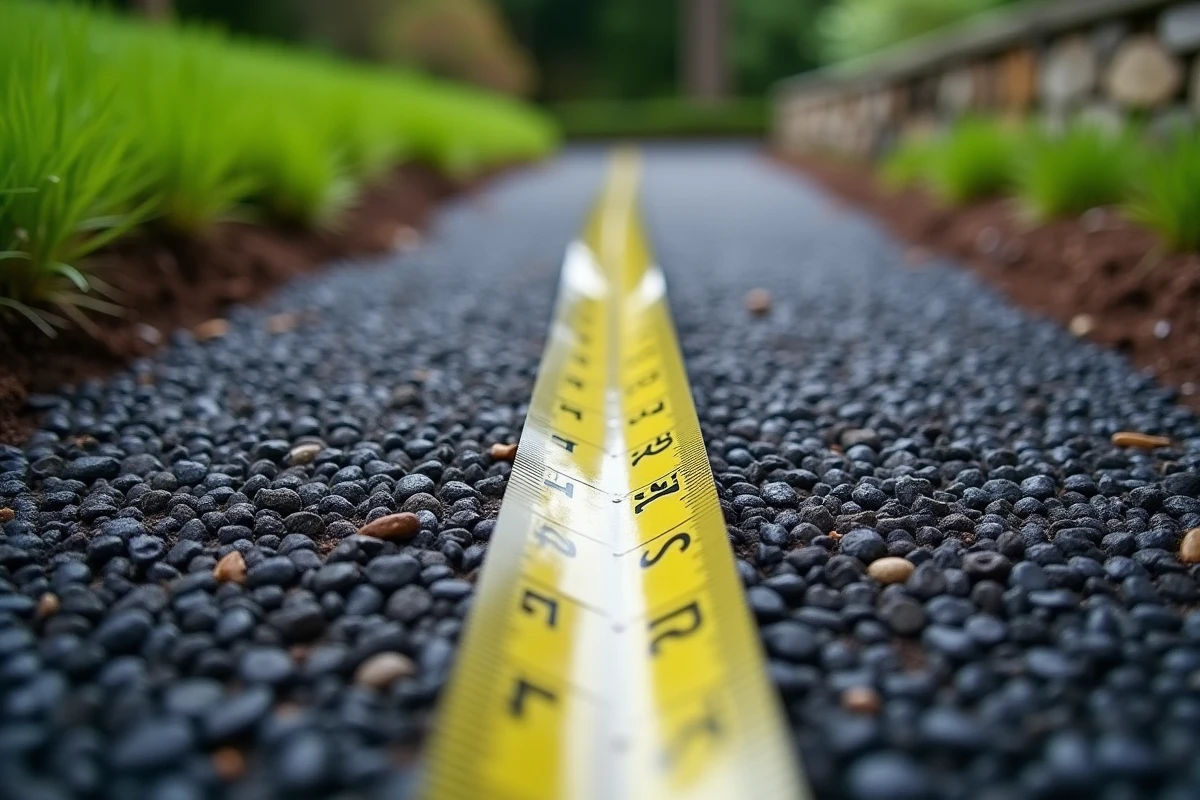 Gros plan sur la texture d'enrobé drainant avec ruban de mesure sur une allée de jardin en pente
