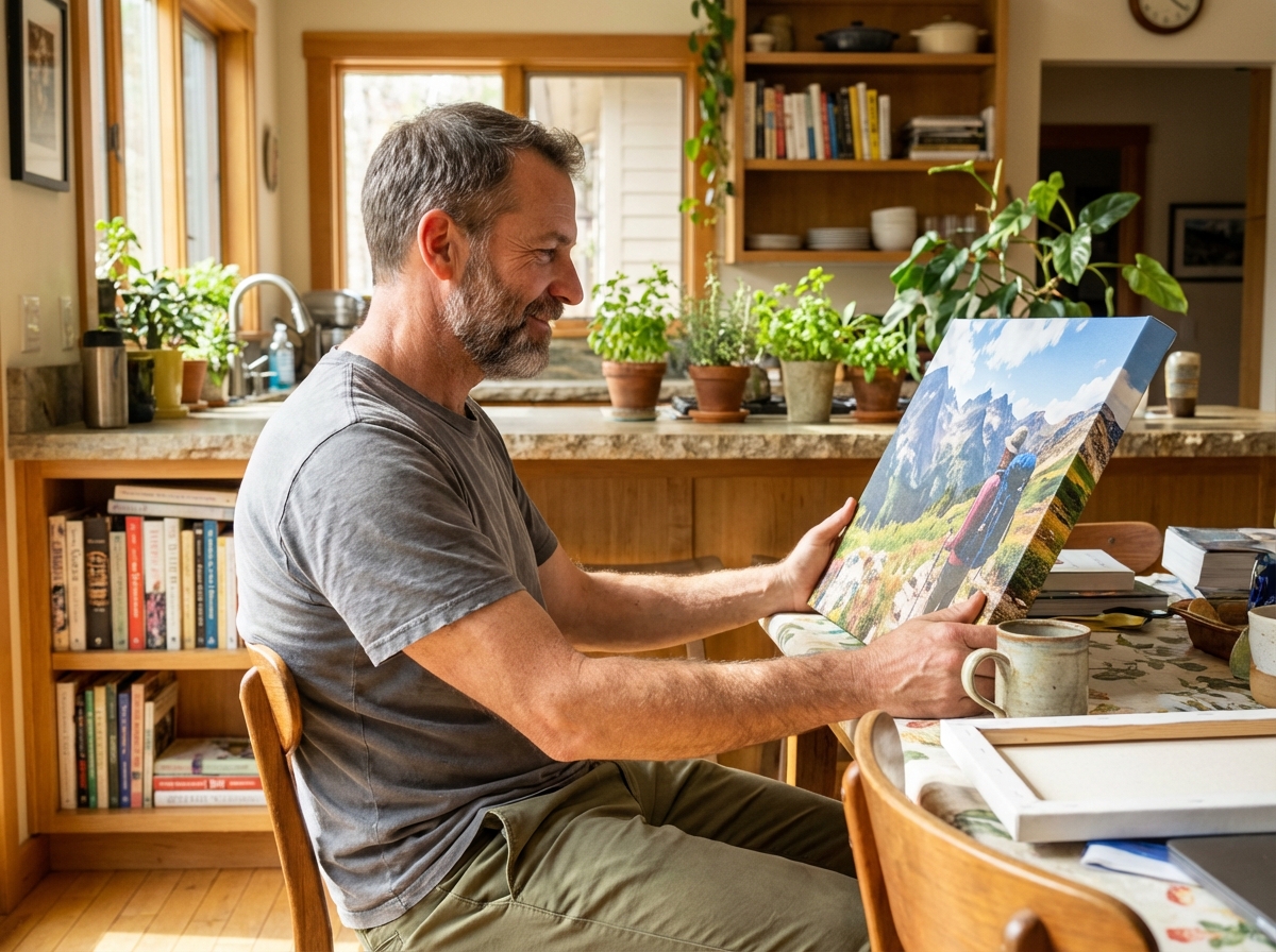 Homme regardant un photo print de voyage dans la cuisine