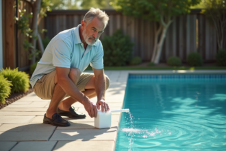 Homme en été ajoutant du chlore dans la piscine extérieure