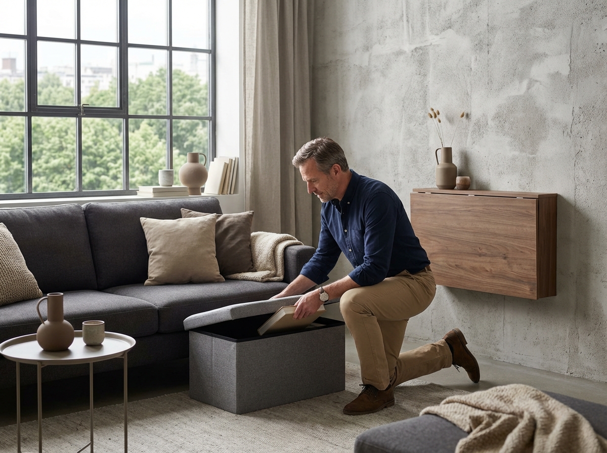 Homme organisant des objets près d