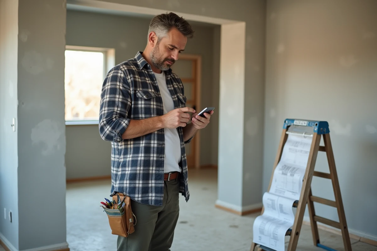 Homme vérifiant un budget dans une pièce en rénovation